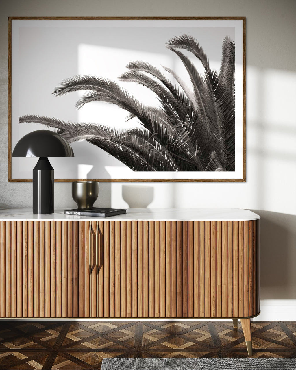 Modern interior featuring a framed artwork of palm leaves by Francoise V Fine Art Gallery in Cape Town, South Africa