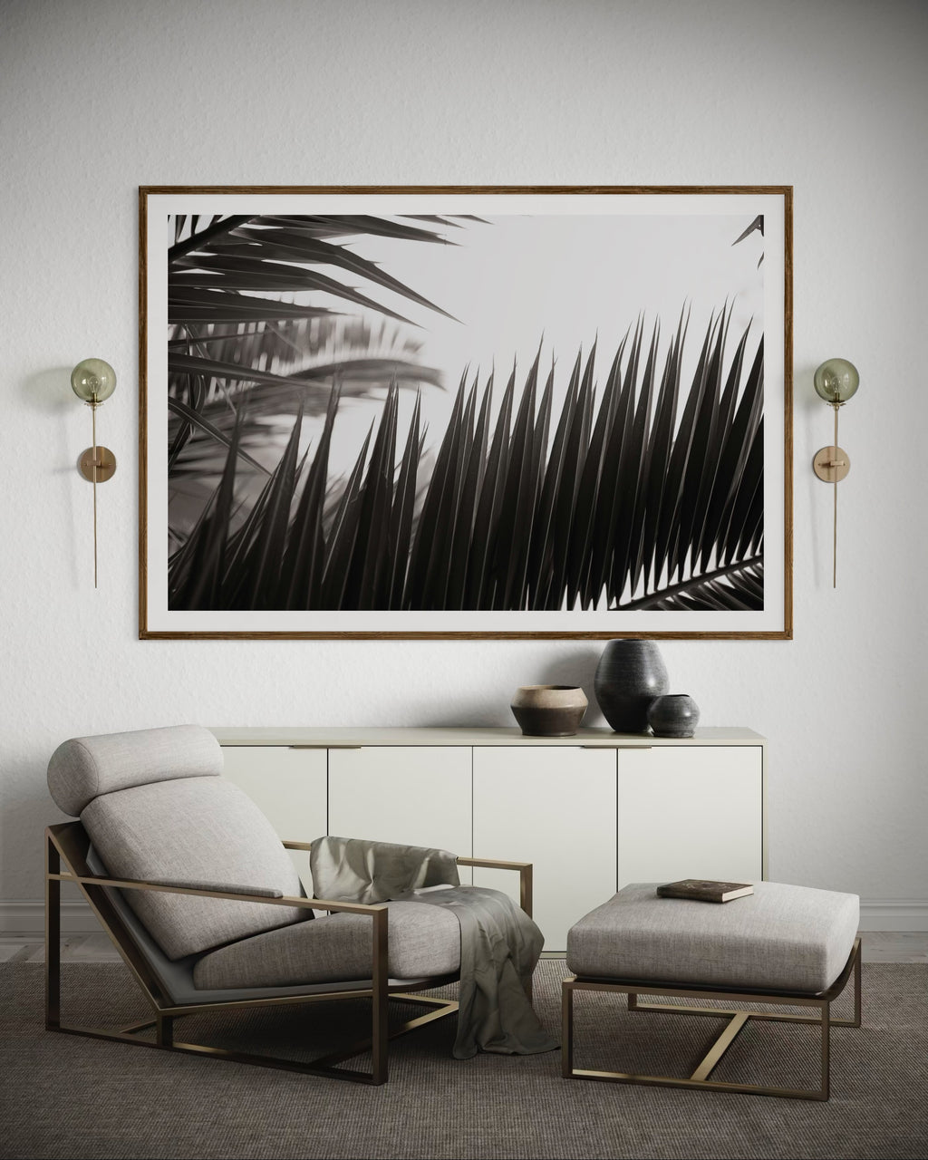 Modern interior featuring a framed artwork of palm leaves by Francoise V Fine Art Gallery in Cape Town, South Africa