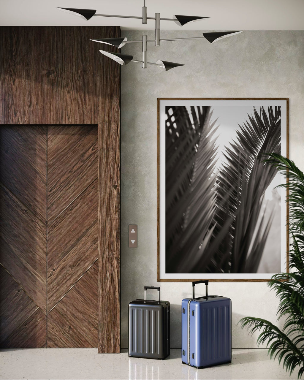 Modern interior featuring a framed artwork of palm leaves by Francoise V Fine Art Gallery in Cape Town, South Africa