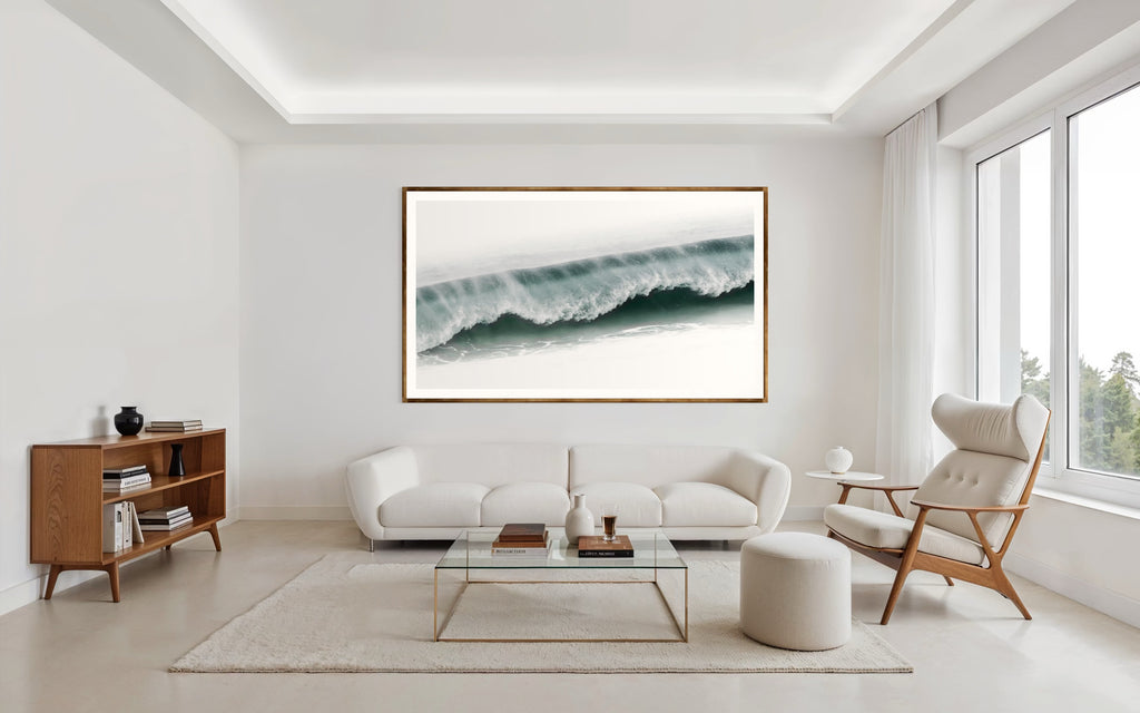 Modern interior featuring a photo of a wave crashing in the ocean by Francoise V Fine Art Gallery in Cape Town, South Africa