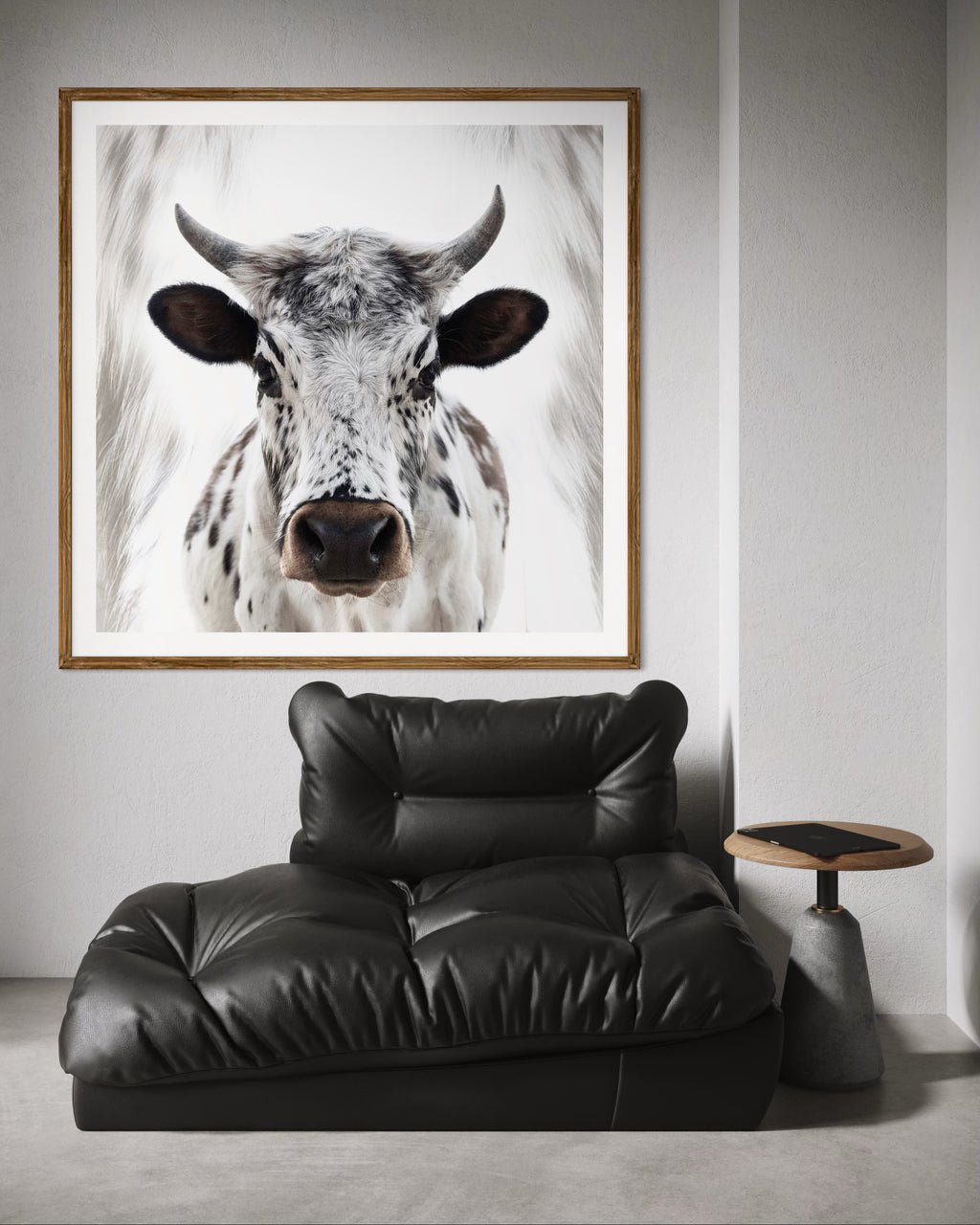 Modern interior featuring a framed artwork of a portrait of a cow by Francoise V Fine Art Gallery in Cape Town, South Africa