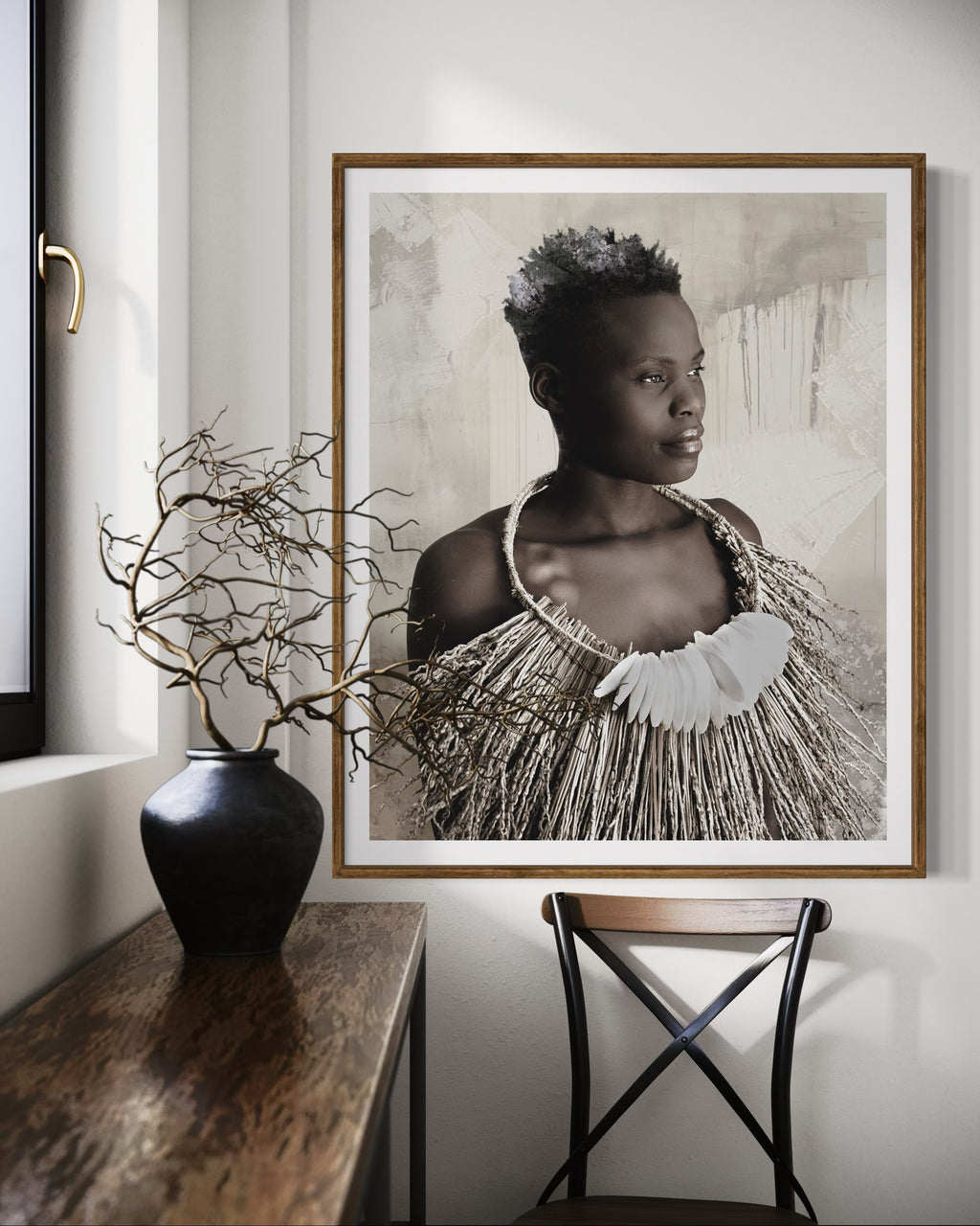 Modern interior featuring a framed artwork of a portrait of a beautiful woman by Francoise V Fine Art Gallery in Cape Town, South Africa