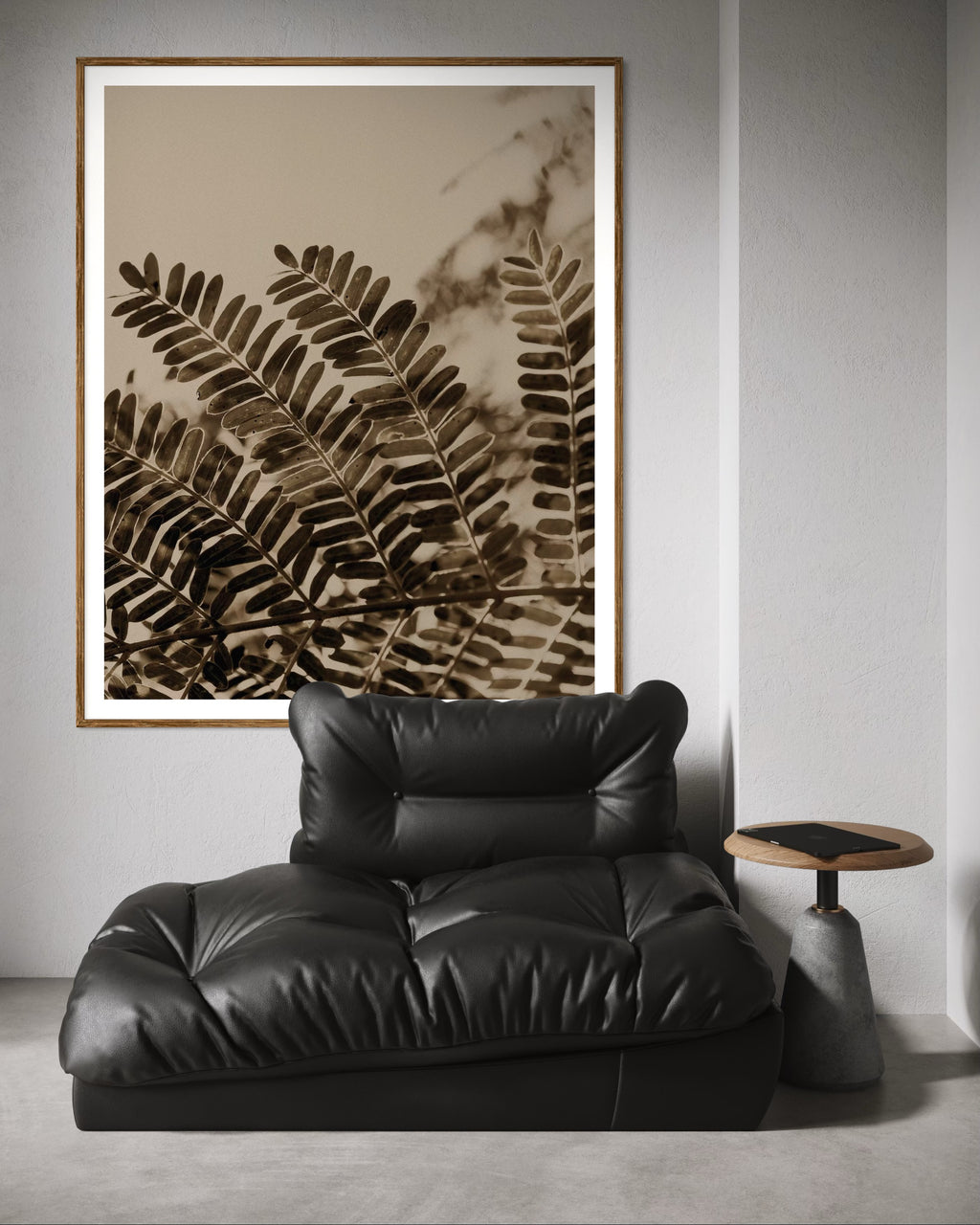 Artwork print of a close-up of acacia leaves with a beige background in a minimalistic interior by Francoise V Fine Art Gallery in Cape Town, South Africa.