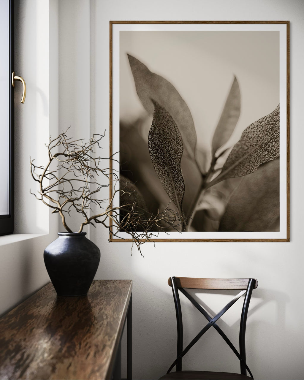 Interior featuring a framed artwork of a close-up of leaves with detailed texture on a light background by Francoise V Fine Art Gallery in Cape Town, South Africa.