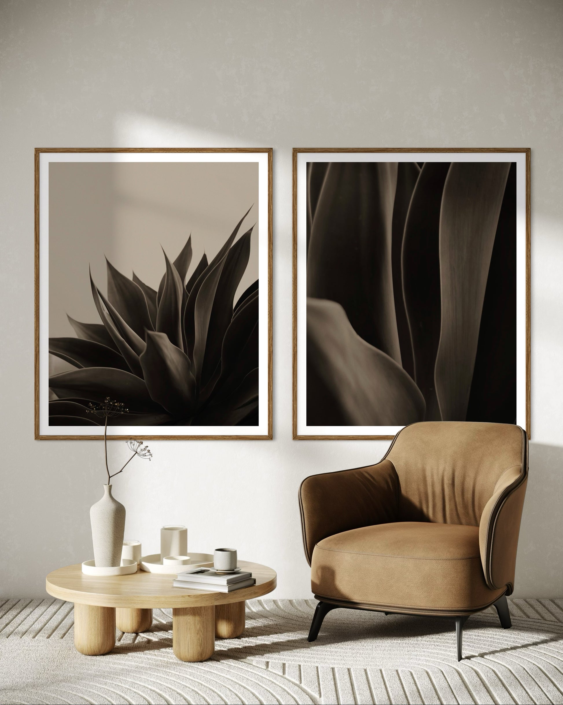 Modern minimalist interior featuring framed artworks of aloe plant in black and beige by Francoise V Fine Art Gallery in Cape Town, South Africa.