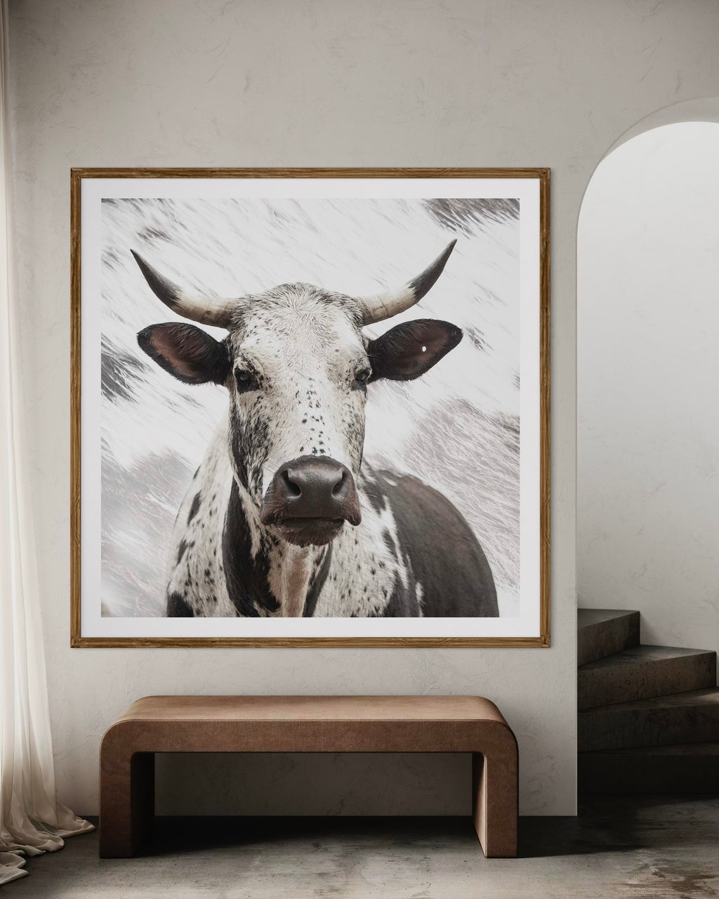 Minimalistic modern interior featuring a framed artwork of a portrait of an Nguni cow by Francoise V Fine Art Gallery in Cape Town, South Africa