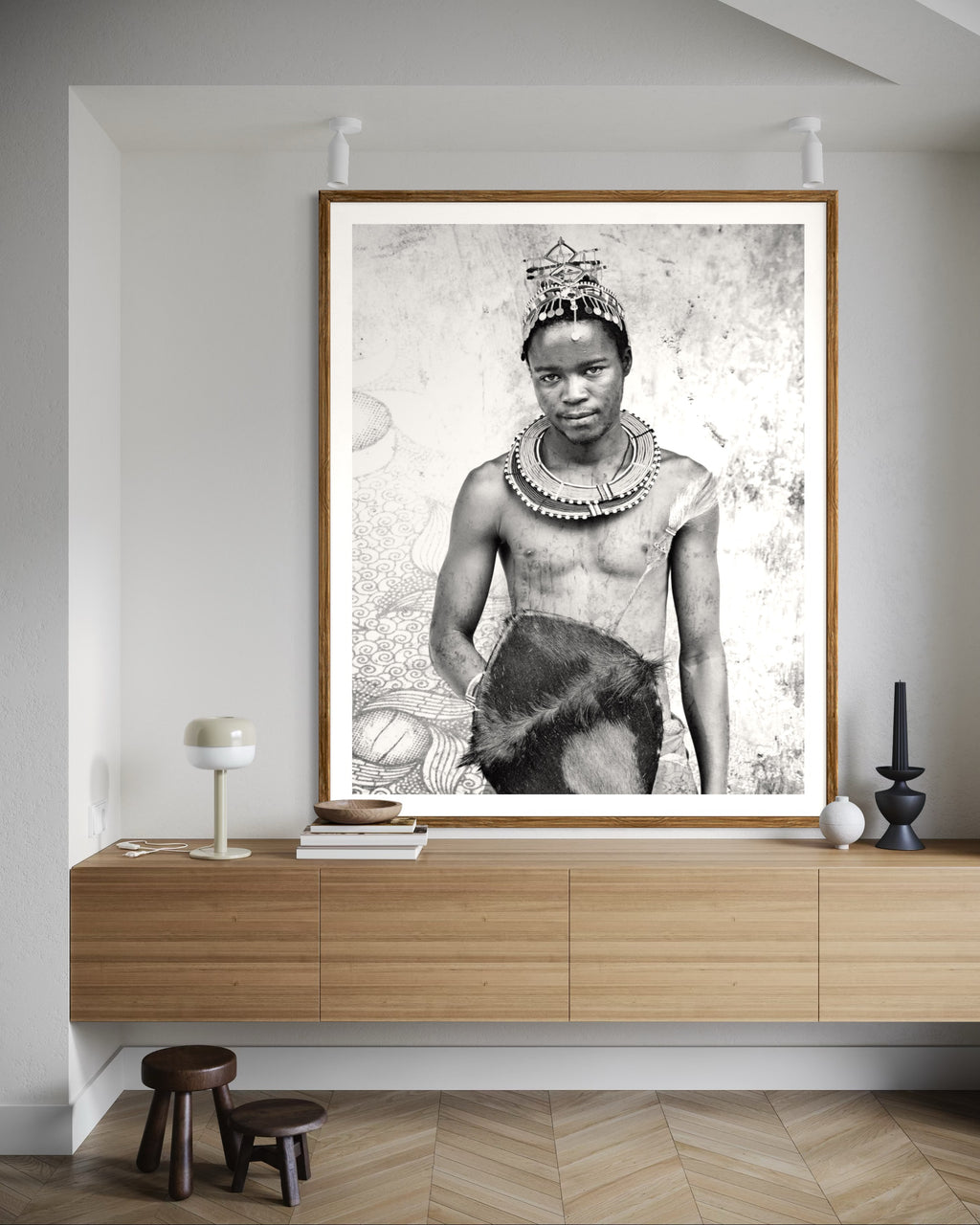 Modern interior featuring a Black and white portrait of a person wearing traditional jewelry and attire. by Francoise V Fine Art Gallery in Cape Town, South Africa