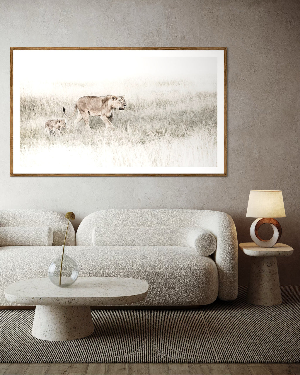 Modern interior featuring a framed artwork of a portrait of a lioness and her cub by Francoise V Fine Art Gallery in Cape Town, South Africa