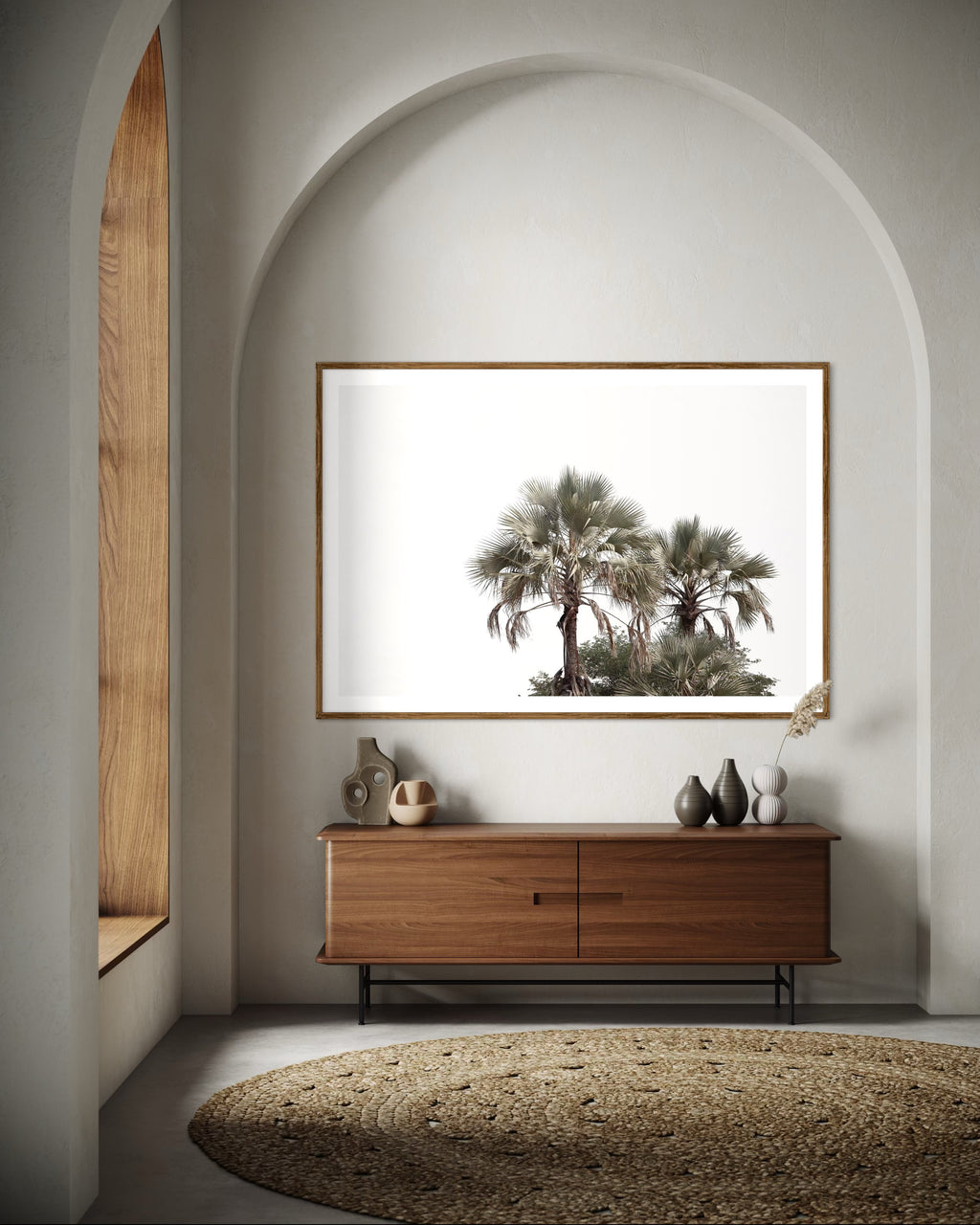 Modern interior featuring a framed artwork of palm trees with a clear sky by Francoise V Fine Art Gallery in Cape Town, South Africa