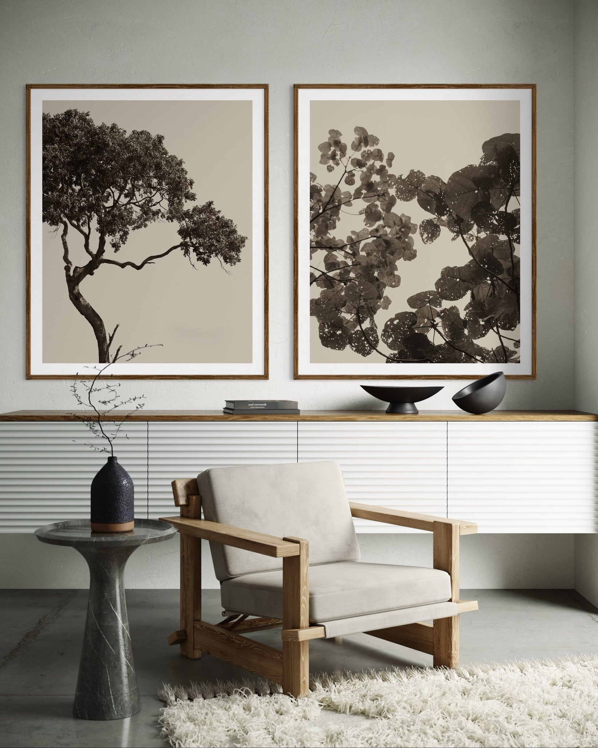 Modern interior featuring framed artworks of a tree and leaves from a nature collection by Francoise V fine art gallery in Cape Town, South Africa.