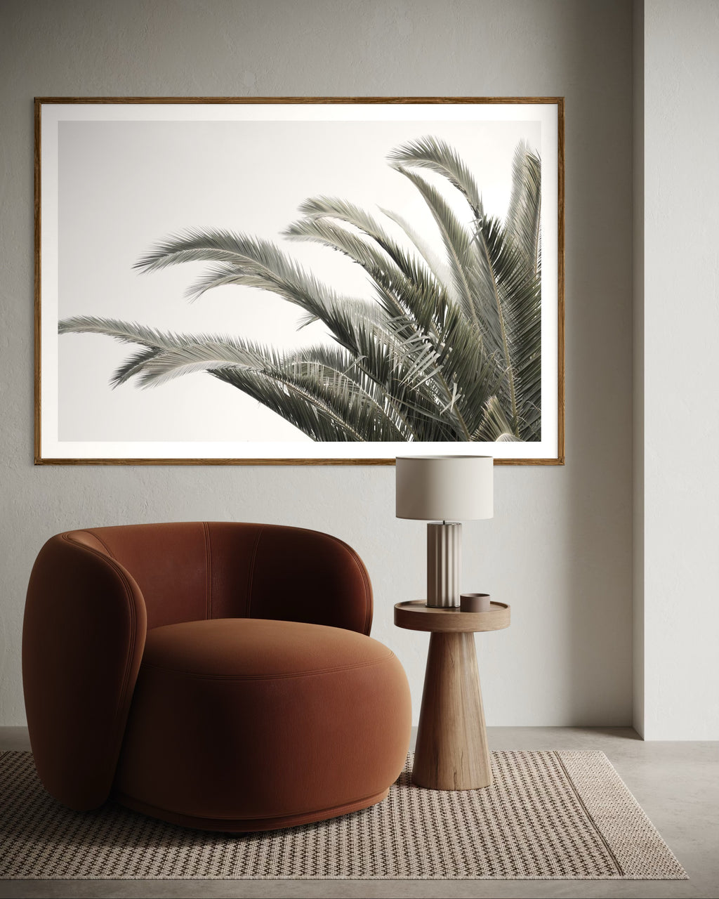 Modern interior featuring a framed artwork of a palm tree with a clear sky by Francoise V Fine Art Gallery in Cape Town, South Africa