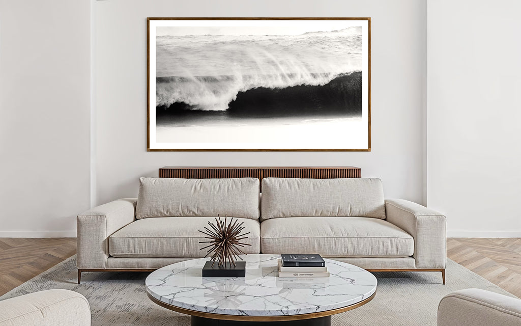 Modern interior featuring a Black and white photo of a wave crashing in the ocean by Francoise V Fine Art Gallery in Cape Town, South Africa