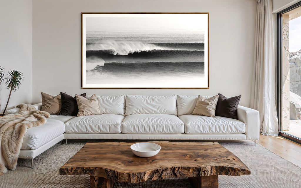 Modern interior featuring a Black and white photo of a wave in the ocean by Francoise V Fine Art Gallery in Cape Town, South Africa