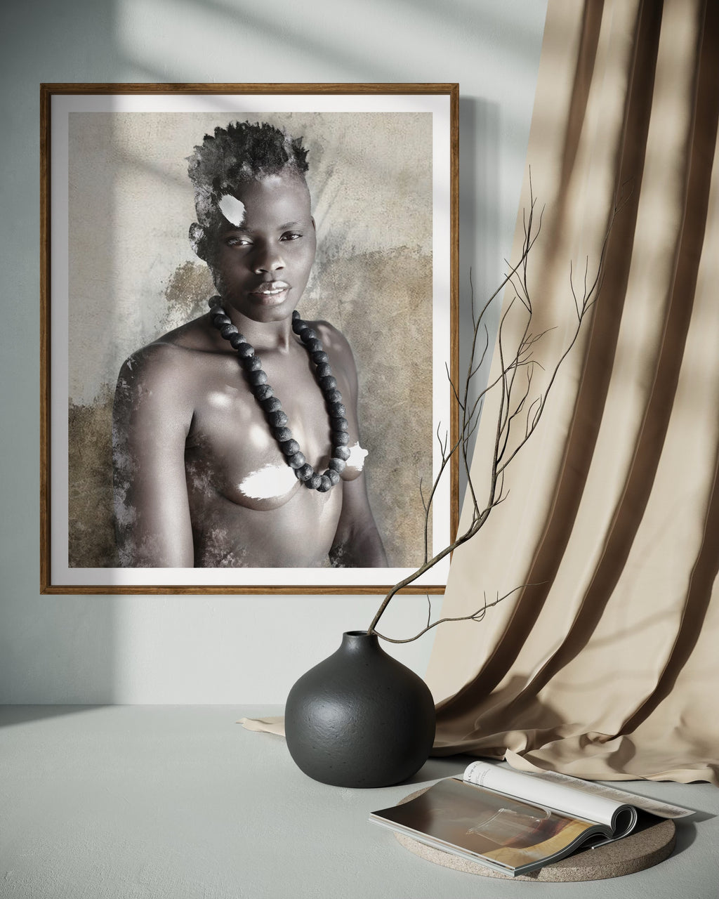 Modern interior featuring a framed artwork of a portrait of a beautiful woman by Francoise V Fine Art Gallery in Cape Town, South Africa