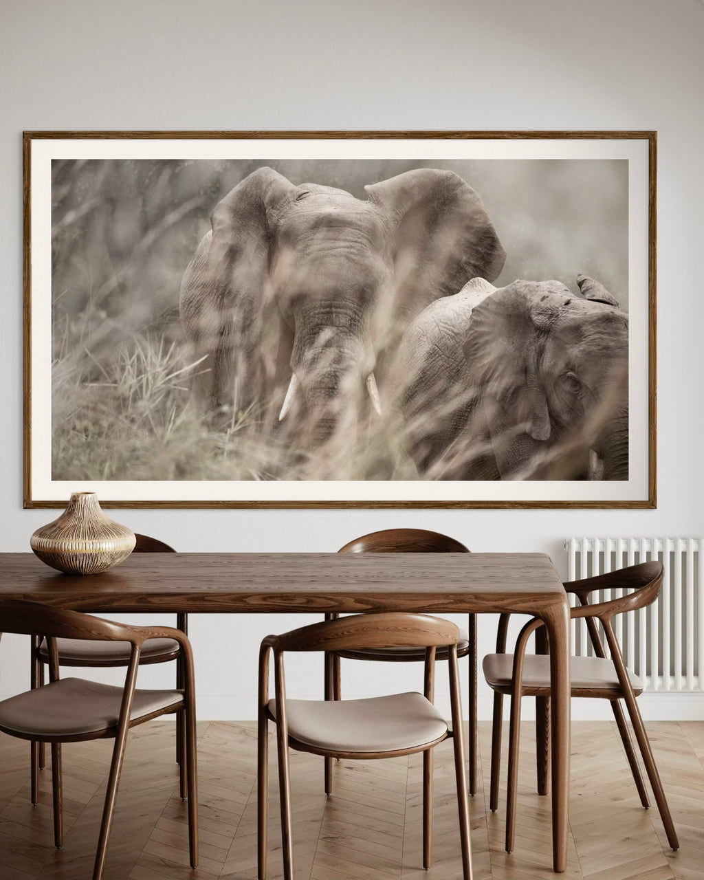 Modern interior featuring a framed artwork of a portrait of two elephants behind blurred grass by Francoise V Fine Art Gallery in Cape Town, South Africa