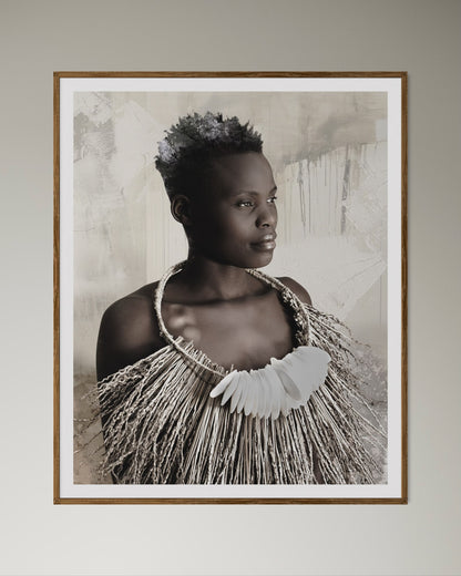 Natural Wood Kiaat framed artwork of a portrait of a beautiful woman by Francoise V Fine Art Gallery in Cape Town, South Africa